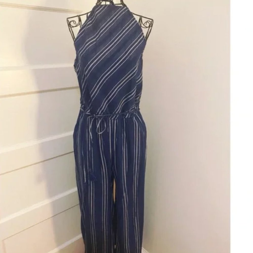 Blue and White Striped Halter Tie Jumpsuit with Drawstring
